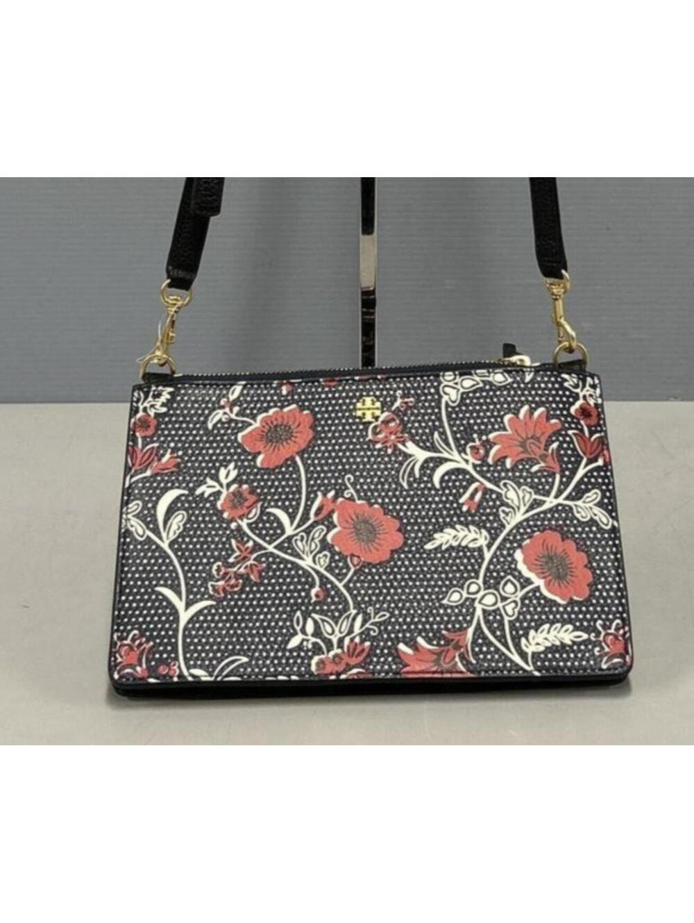 Tory Burch Blake Printed Crossbody Black and Red Floral Purse Pebbled Leather